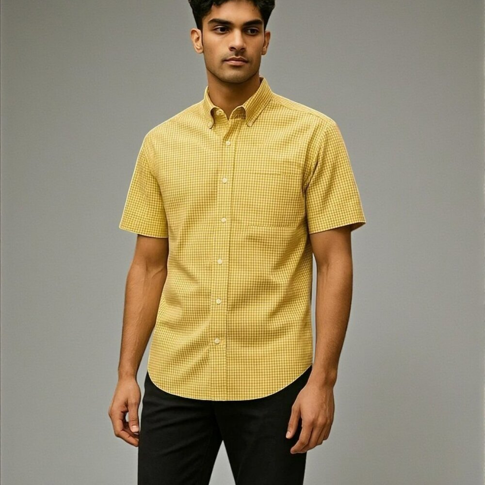 L L Bean Mens Size XL Reg Yellow Checkered Short Sleeve Button Down Collar Shirt